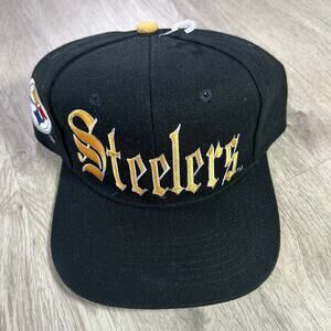 VTG Pittsburgh Steelers Old English Snapback Hat NFL‎ Black Wool Deadstock Cap